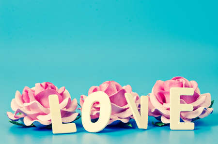 LOVE word and pink rose with empty space for your create on blue background. Happy valentine's day concept.の写真素材