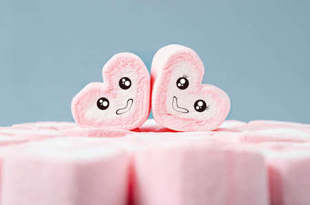 Male and female Cute heart shape marshmallows on heap of pink marshmallows.の写真素材