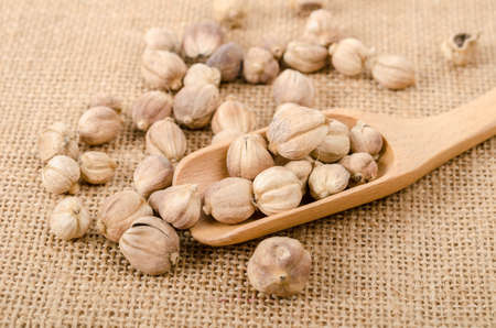 Dry cardamom seeds in wooden scoop on sack background.の写真素材