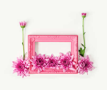 Pink vintage photo frame with chrysanthemum flower on white background.の写真素材