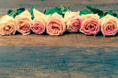 Pink roses on wooden background with copyspace.の写真素材