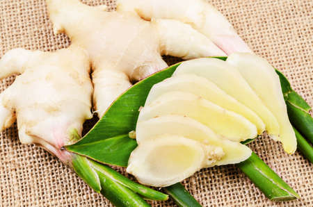 Fresh ginger and green leaves on sack background.