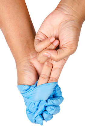 Hand throwing away blue disposable gloves medical, Isolated on white background, Save clipping path....