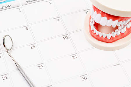 Dental appointment concept. Idea with Generic dental teeth model and dental mirror on a calendar with space for text.の写真素材