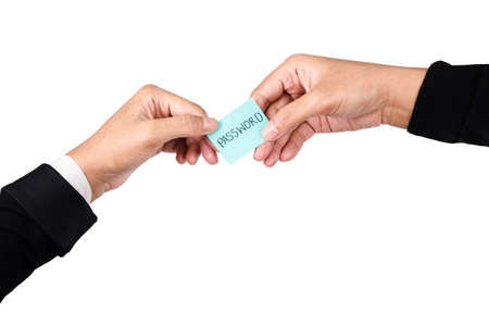 Password text in hand of businessman isolated on white background, Save clipping path.の写真素材