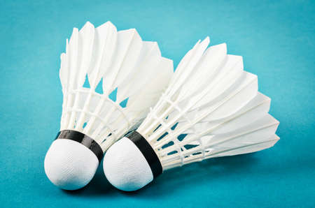 Badminton shuttlecocks on blue court floor.