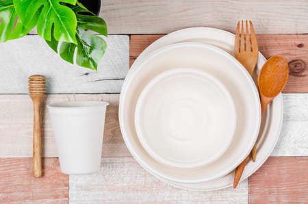 Eco-friendly biodegradable paper dishes and glass on wooden background.の写真素材