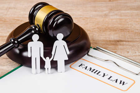 Family figure and gavel on table. Family law conceptの写真素材