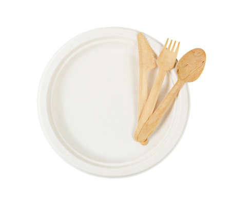 Biodegradable dish with wooden spoon isolated on whiteの写真素材