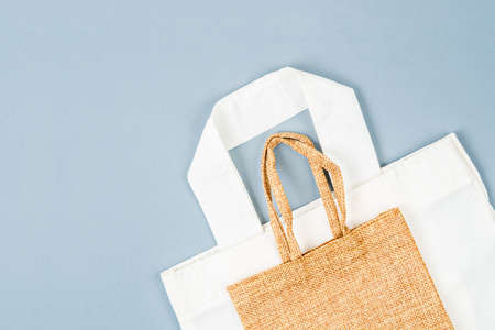 Cotton bag and jute bag on grey background, No plastic eco friendly concept.の写真素材