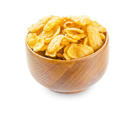 Corn Flakes Healthy Breakfast in wooden bowl isolated on white background, Save clipping path.