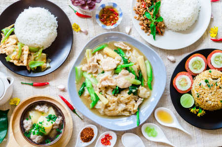 Tradition set Thai food. on a wooden table, top viewの写真素材