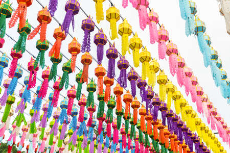 Beautiful lantern Yeepeng Festival at Wat Phra That Hariphunchai Lamphun, Thailand.の写真素材