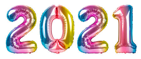 2021 colorful balloons foil isolated on white background . For decoration Christmas 2021 and anniversary.の写真素材