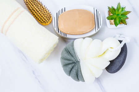 Herb soap, shower sponge and shampoo pump bottle inside a bright bathroom background.の写真素材