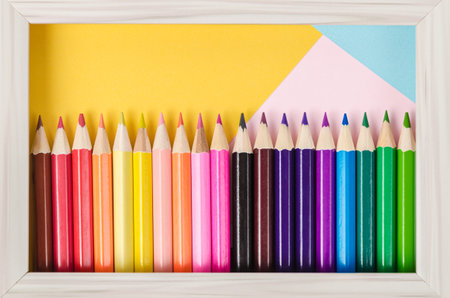 Set of wooden pencils colorful on beautiful background in photo frame, Art concepts.の写真素材