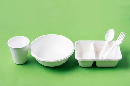 Eco friendly biodegradable paper disposable for packaging food and paper glass on green background.