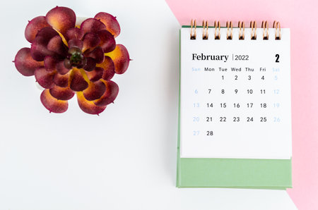 The February 2022 desk calendar with tree pot.の写真素材
