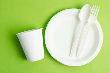 Eco friendly biodegradable paper disposable for packaging food and paper glass on green background.の写真素材