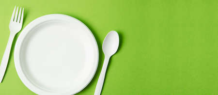 The Eco friendly biodegradable paper disposable for packaging food and paper glass on green...