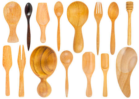 Top view set of blank wooden utensil isolated on white background.