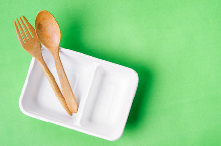 The Eco friendly biodegradable paper disposable for packaging food on green background.の写真素材