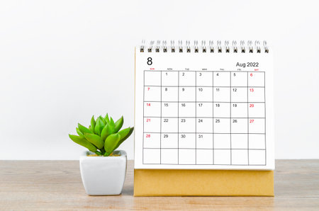 The August 2022 desk calendar with plant pot on wooden table.の写真素材