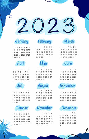 The Calendar template 2023 on Blue . English simple vector vertical wall or pocket calendar.