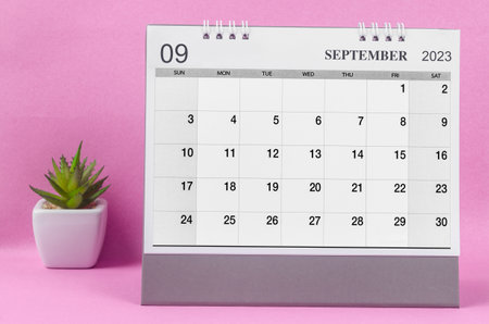 September 2023 desk calendar for 2023 on pink colour background.の写真素材