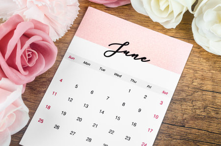 June 2023 Monthly calendar for 2023 year with pink rose on wooden background.の写真素材