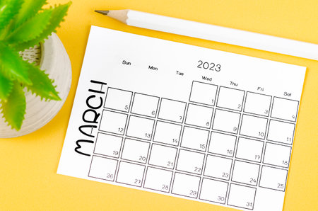 March 2023 Monthly calendar for 2023 year with pencil on yellow background.の写真素材