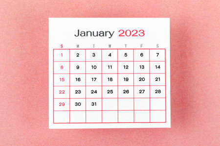January 2023 Monthly calendar for 2023 year on pink background.の写真素材