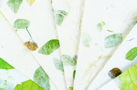 Stack of different handmade paper with dry leaf and flower.の写真素材