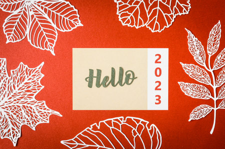 Hello 2023 text on note paper and paper leaves on red background.