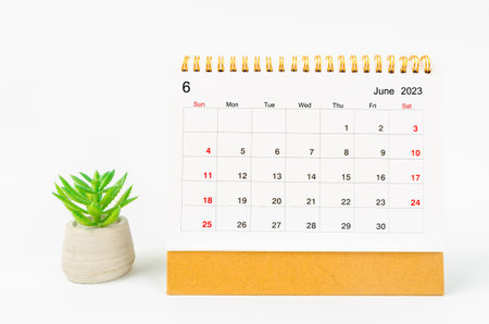 June 2023 Monthly desk calendar for 2023 year with plant pot isolated on white background.の写真素材