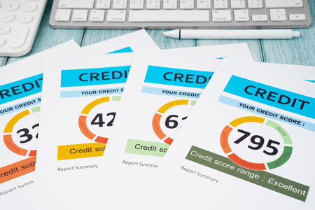 Credit score report document and pen with calculator on the desk.の写真素材