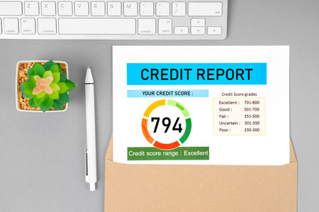 Credit score report document and pen with computer keyboard on desk.の写真素材