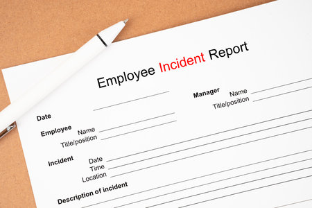 Template of an Employee incident report form document and and pen on wooden background.の写真素材
