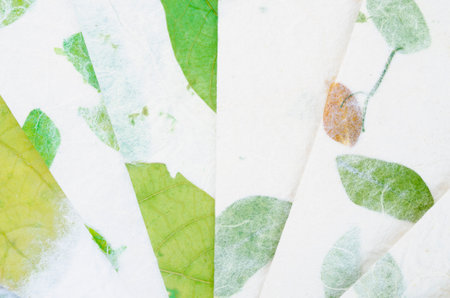 Handmade recycled flower and leaf paper background.