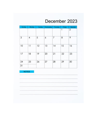 December 2023 Calendar page for 2023 year isolated on white background, Saved clipping path.