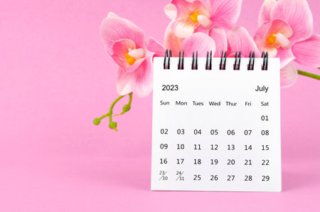July 2023 calendar desk and pink orchid on pink background.の写真素材