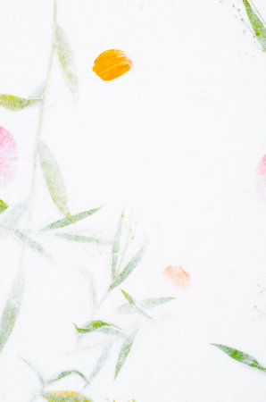 Handmade recycled flower and leaf paper or Mulberry paper texture as background.の写真素材