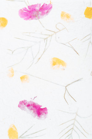 Mulberry paper sheet decorated with dry flower and leaf texture backgroundの写真素材