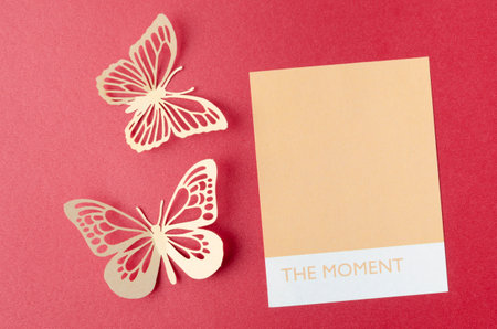 Blank reminder note and carve of paper butterfly on red background, space for text.の写真素材