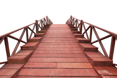 Old red wooden bridge isolated on white backgroundの写真素材