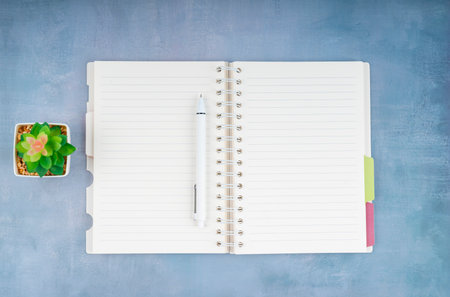 Open blank diary pages and pen with plant pot on blue wood table background.の写真素材