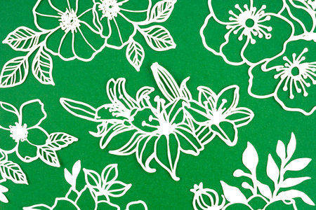White flower and leaves made from carve paper or cutting on green background.の写真素材