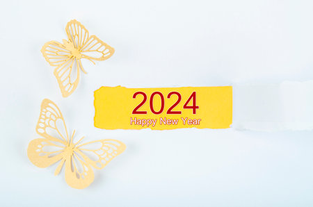 Torn Paper and butterfly cutting paper With Happy New Year 2024 On White Background.