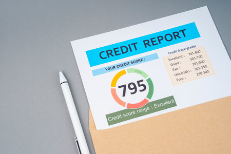 Close-up of credit report with pen on gray color background.の写真素材