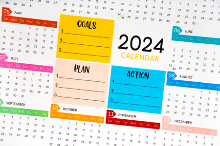 2024 Calendar with GOALS. Time for a New Start, Resolution, Plan, Action and Mission Conceptsの写真素材